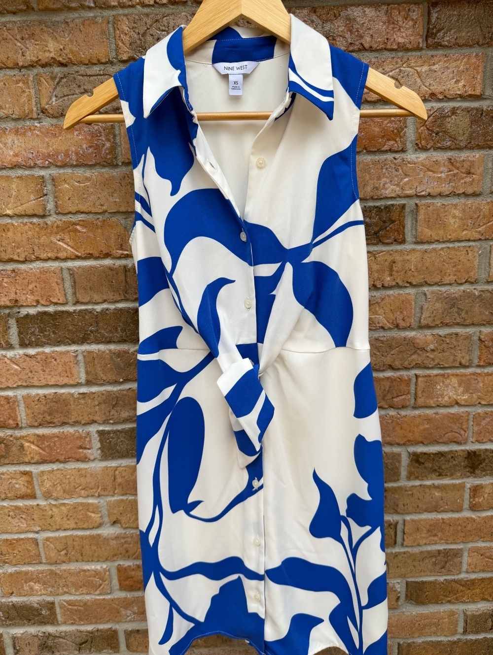 Nine West Blue White Floral Sleeveless Tie Waist Shirt Dress XS